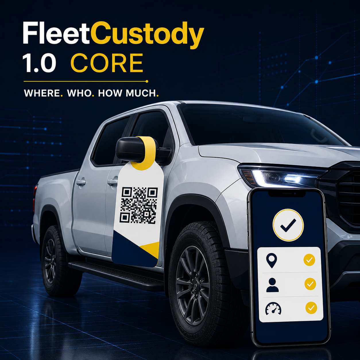 FleetCustody Core QR fleet management with vehicle mirror hanger and mobile checkout